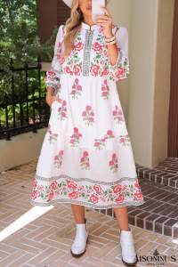 White Floral Print Loose Tiered Maxi Dress