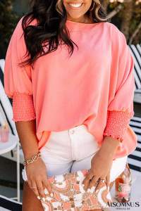 Blossom Shirred Cuffs Half Sleeve Plus Size Blouse