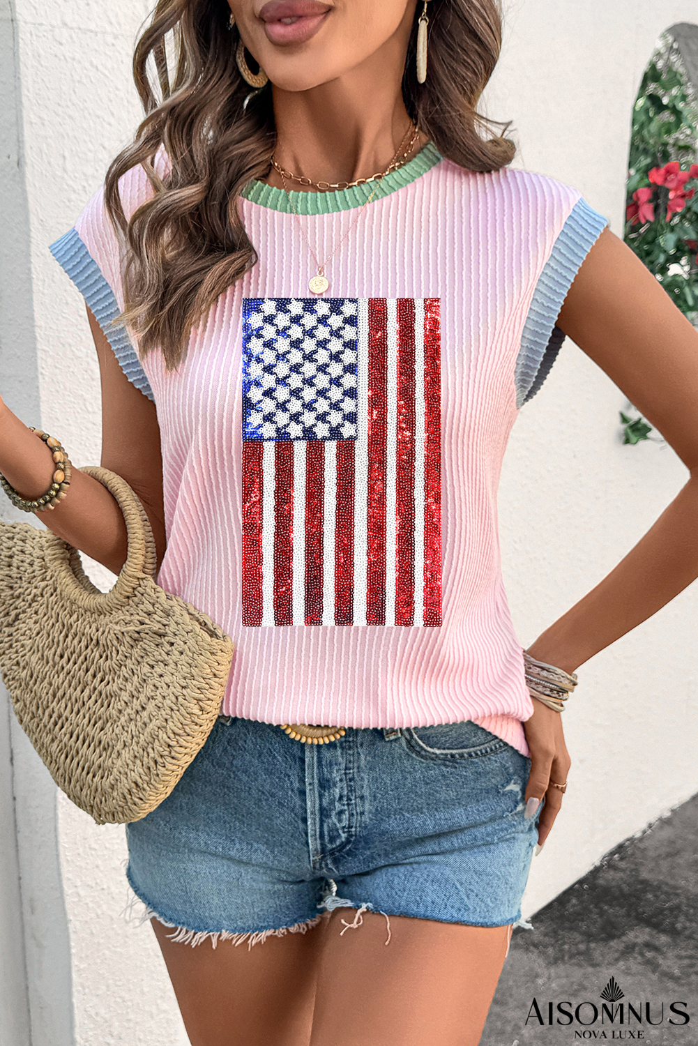 Pink Colorblock Edge Twisted Rib Texture Sequin American Flag Casual T Shirt