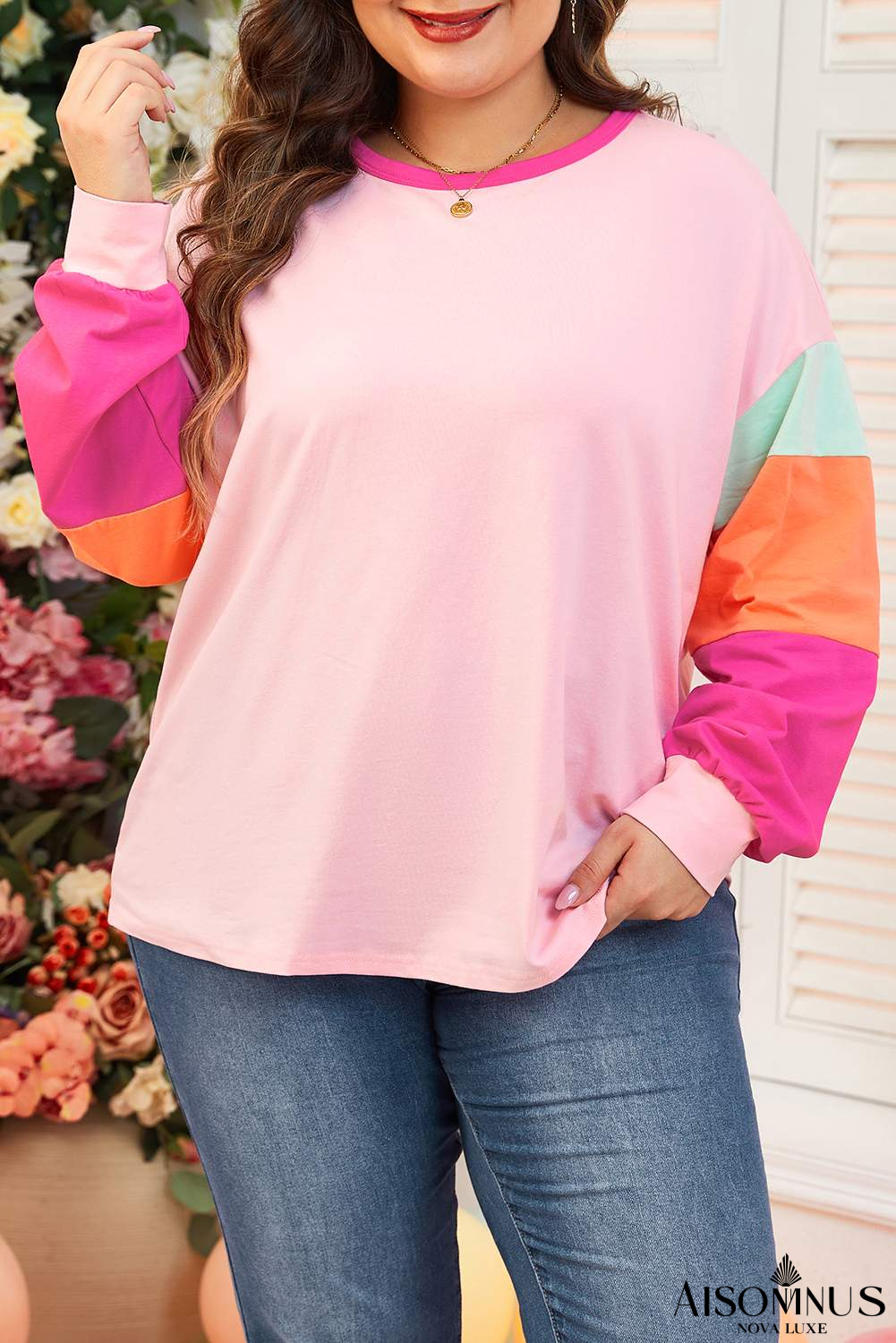 Pink Colorblock Long Sleeve Plus Size Top