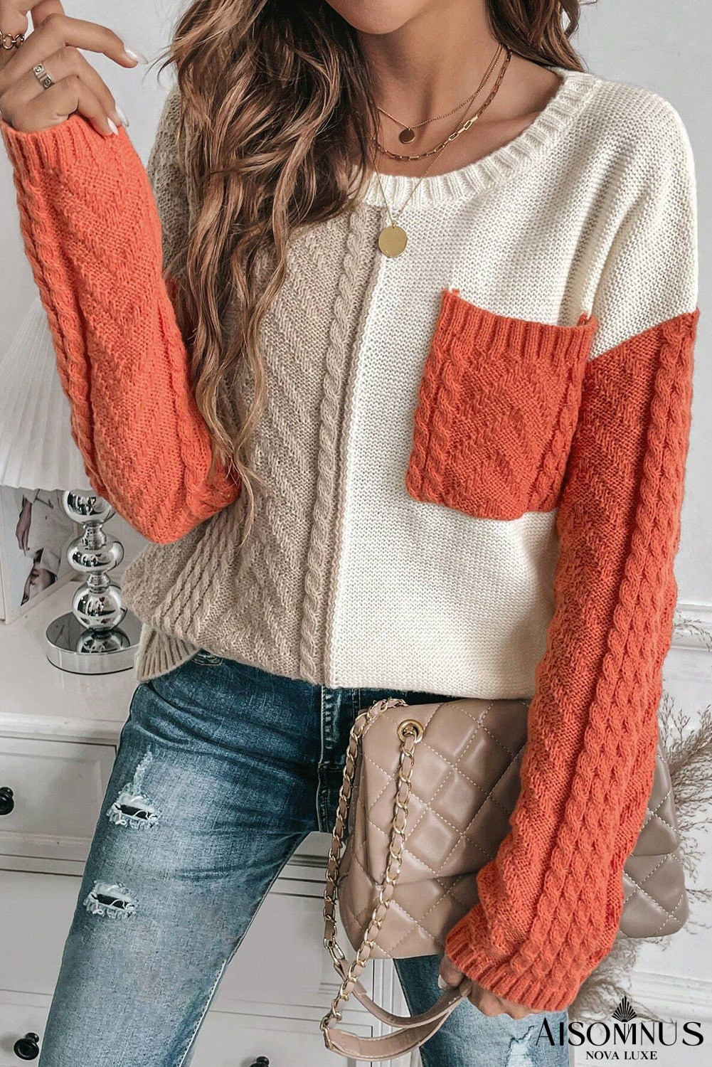 Gold Flame Colorblock Pocket Drop Shoulder Sweater