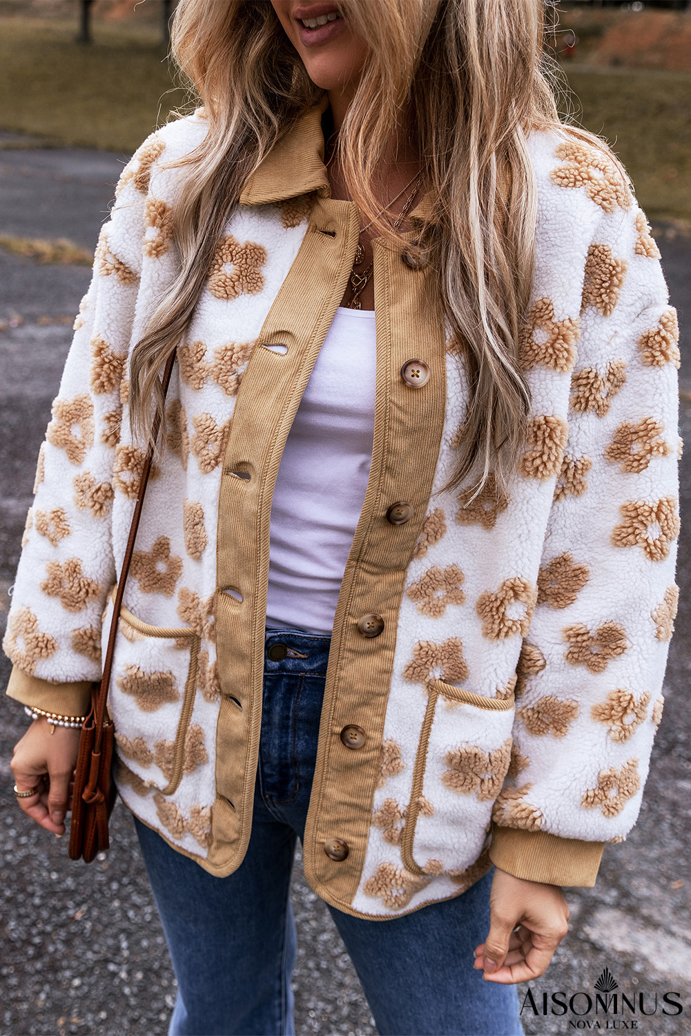 Light French Beige Cute Flower Pattern Button Up Fleece Jacket