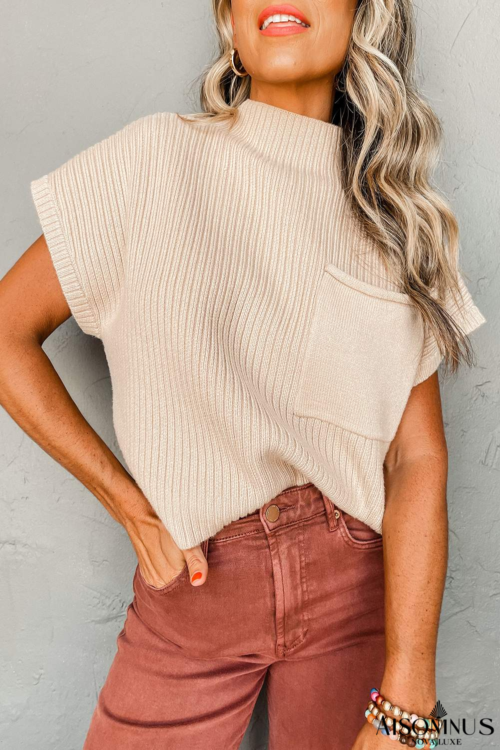 Oatmeal Patch Pocket Ribbed Knit Short Sleeve Sweater