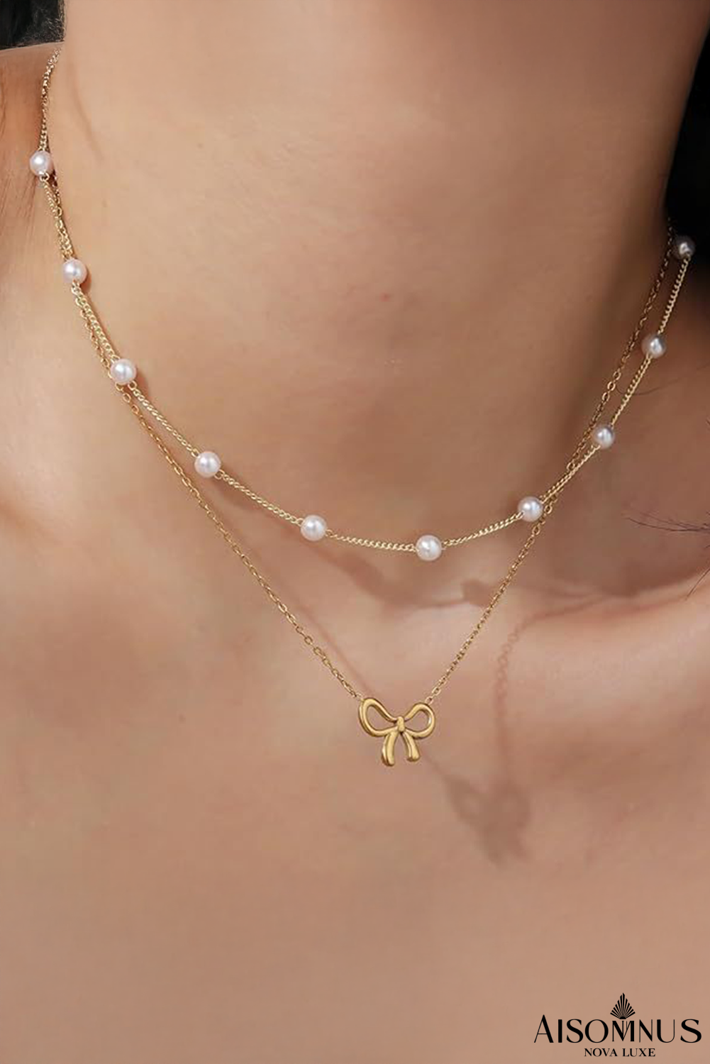 Gold Pearl Bow Pendant Double Layer Necklace