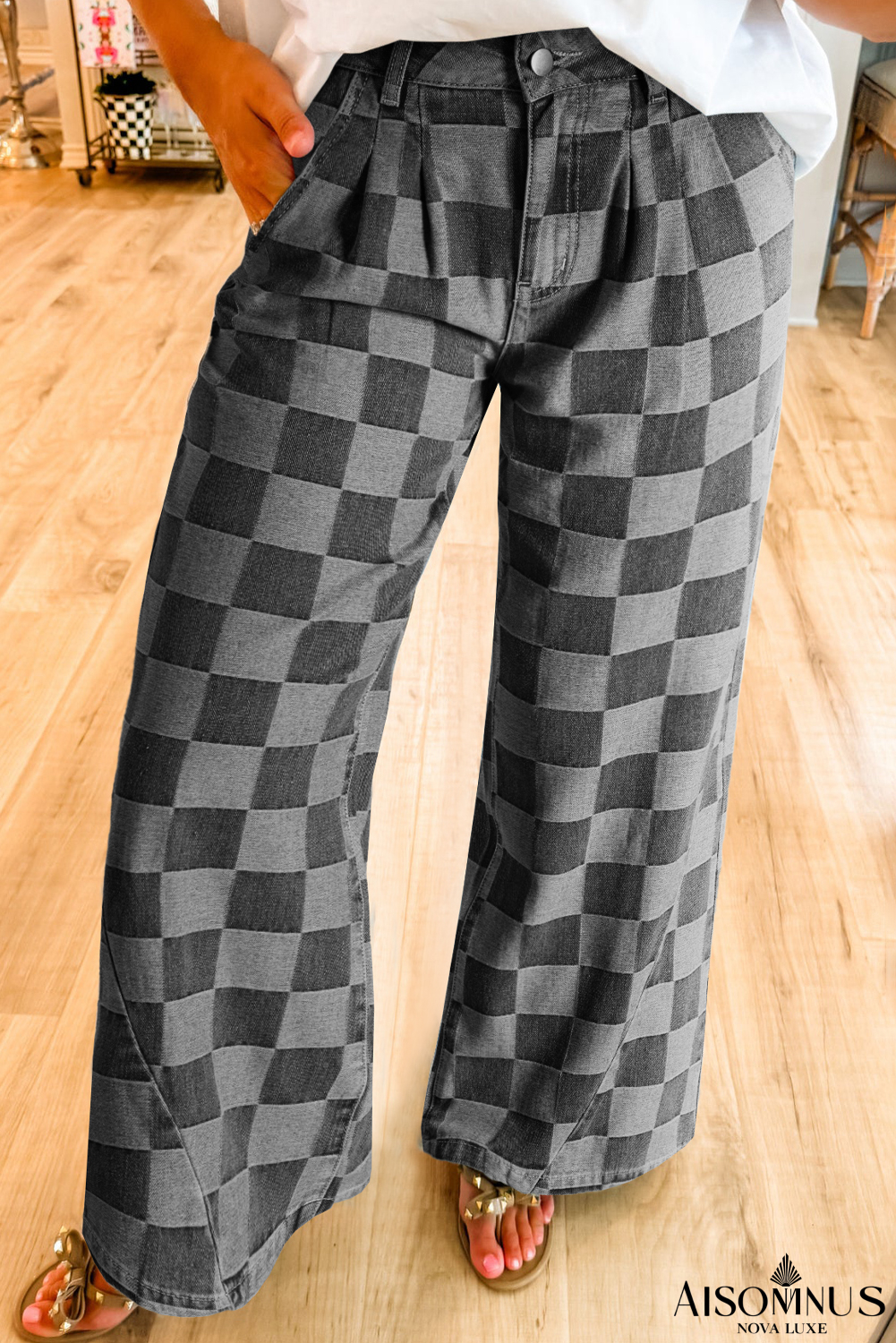 Dark Grey Checkered Light Washed Wide Leg Jeans