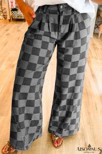 Dark Grey Checkered Light Washed Wide Leg Jeans