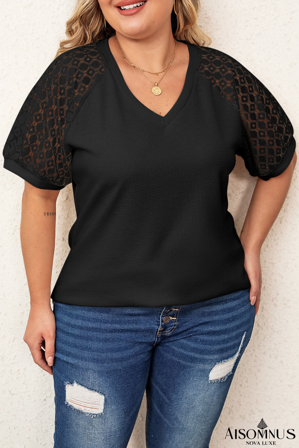 Black Mesh Sleeve V Neck Plus Size T Shirt