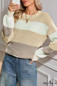 Brown Colorblock Lantern Sleeve Rib Knitted Sweater