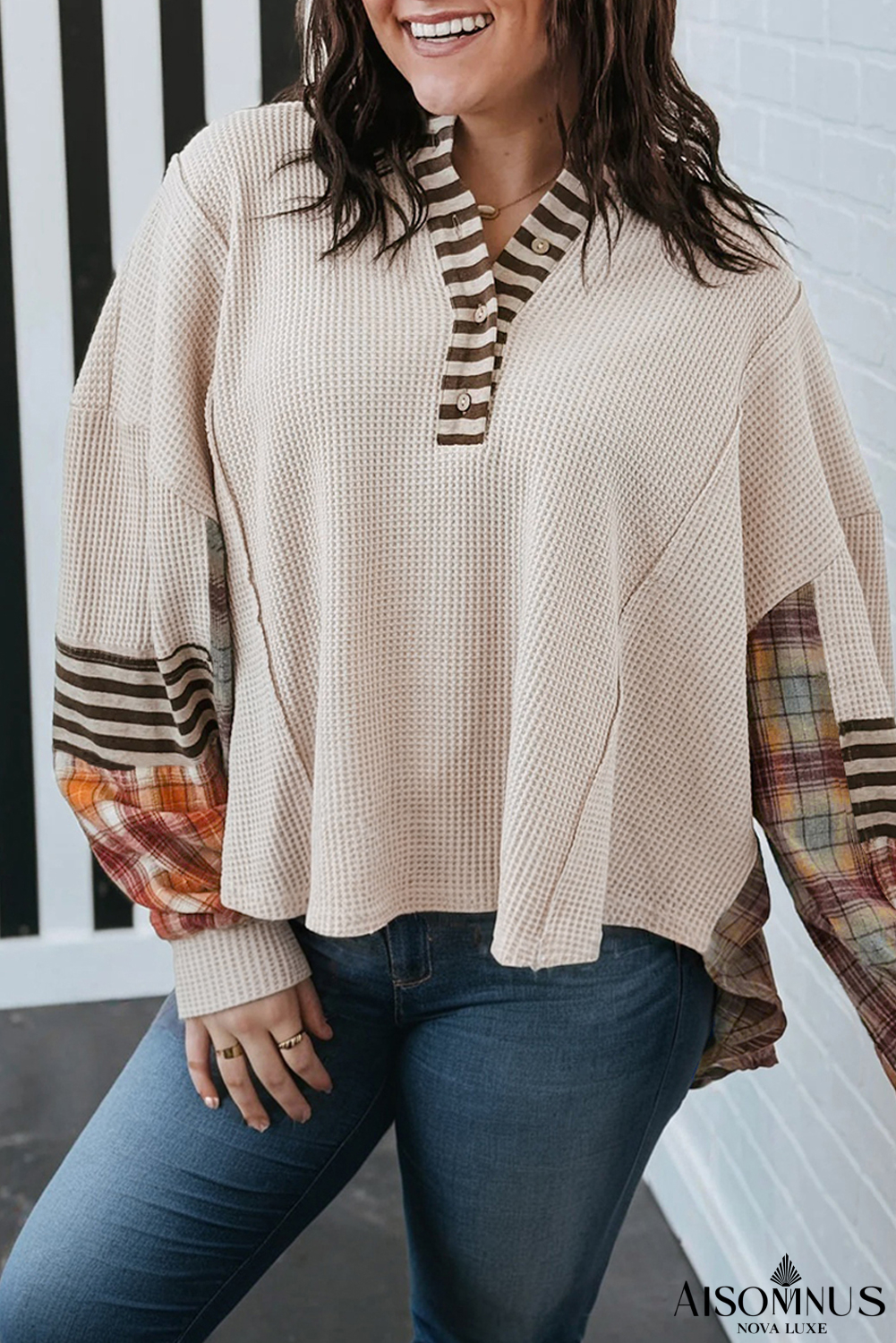 Parchment Plus Size Waffle Striped Plaid Patchwork Henley Pullover