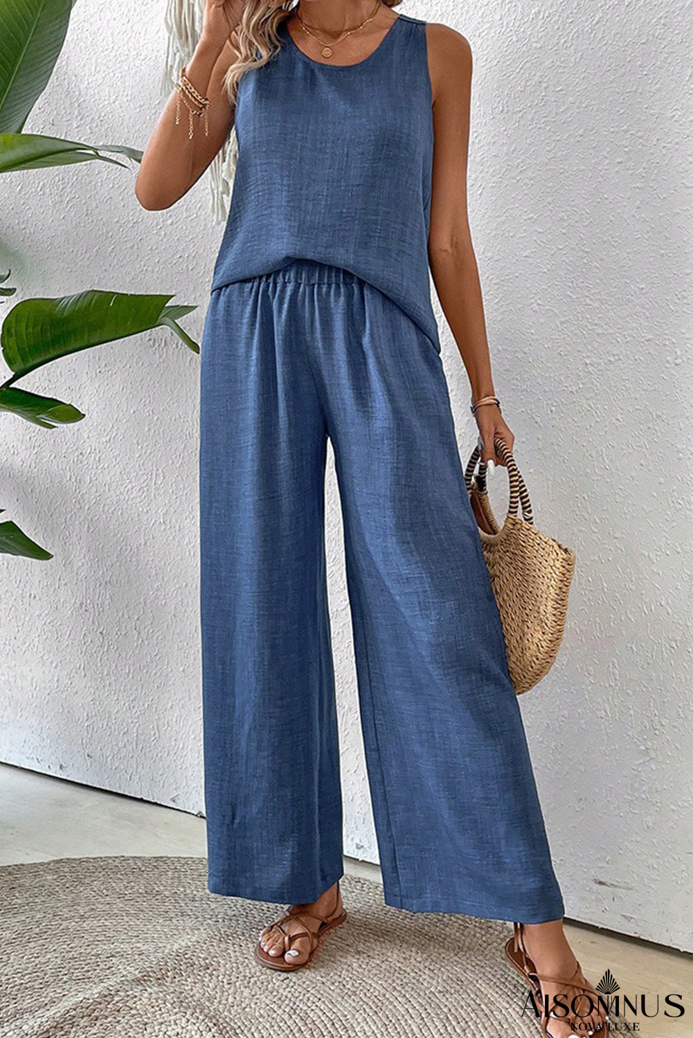 Ashleigh Blue Back Hollow Lace Tank Top and Wide Leg Pants