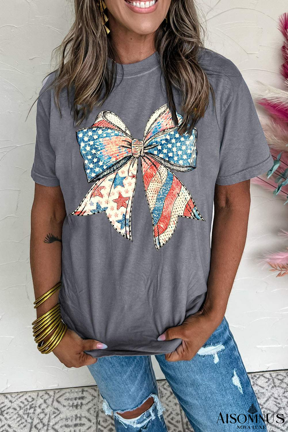 Gray USA Flag Bow Print Round Neck Loose T Shirt