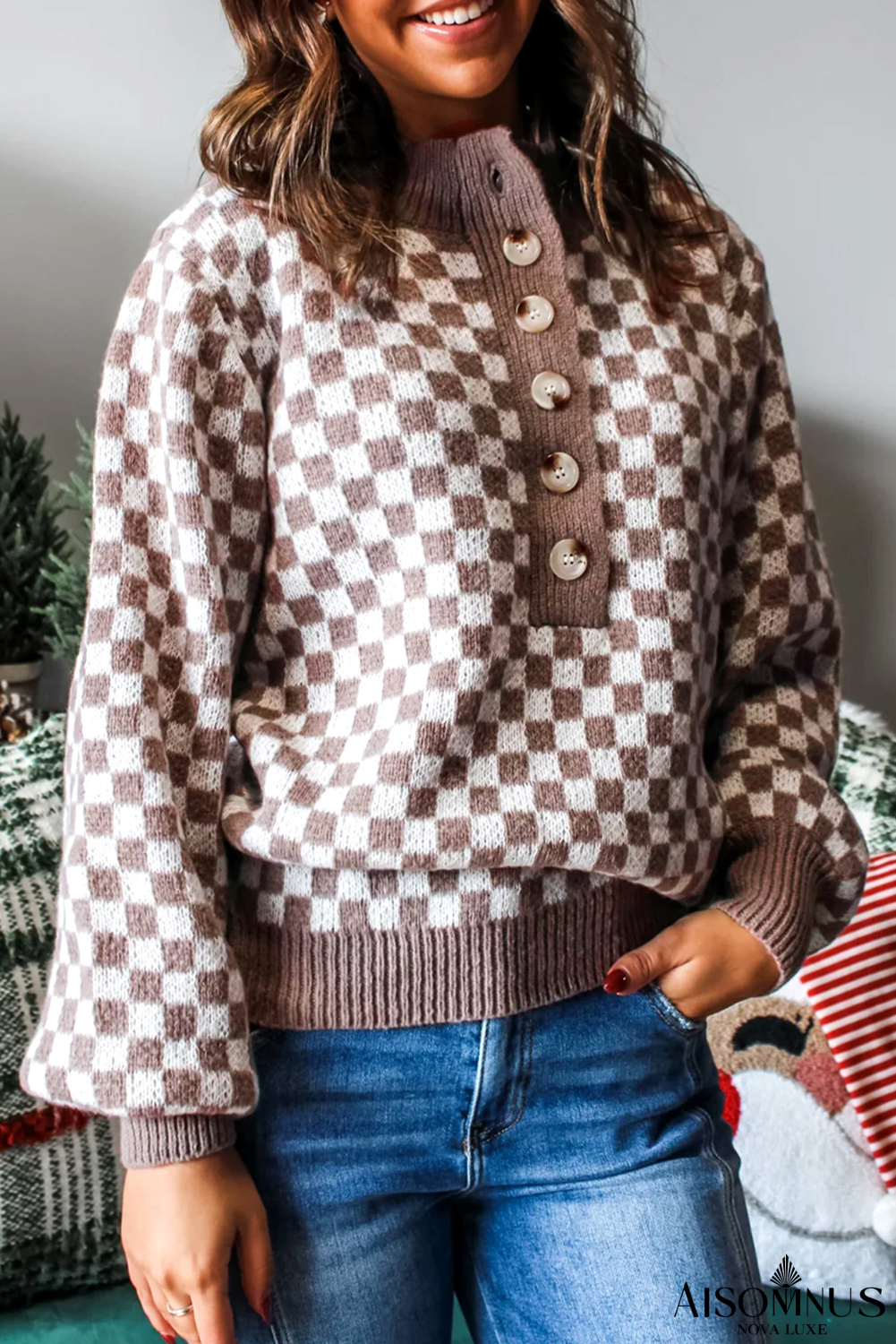 Dark Brown Plaid Contrast Trim Button Neck Sweater