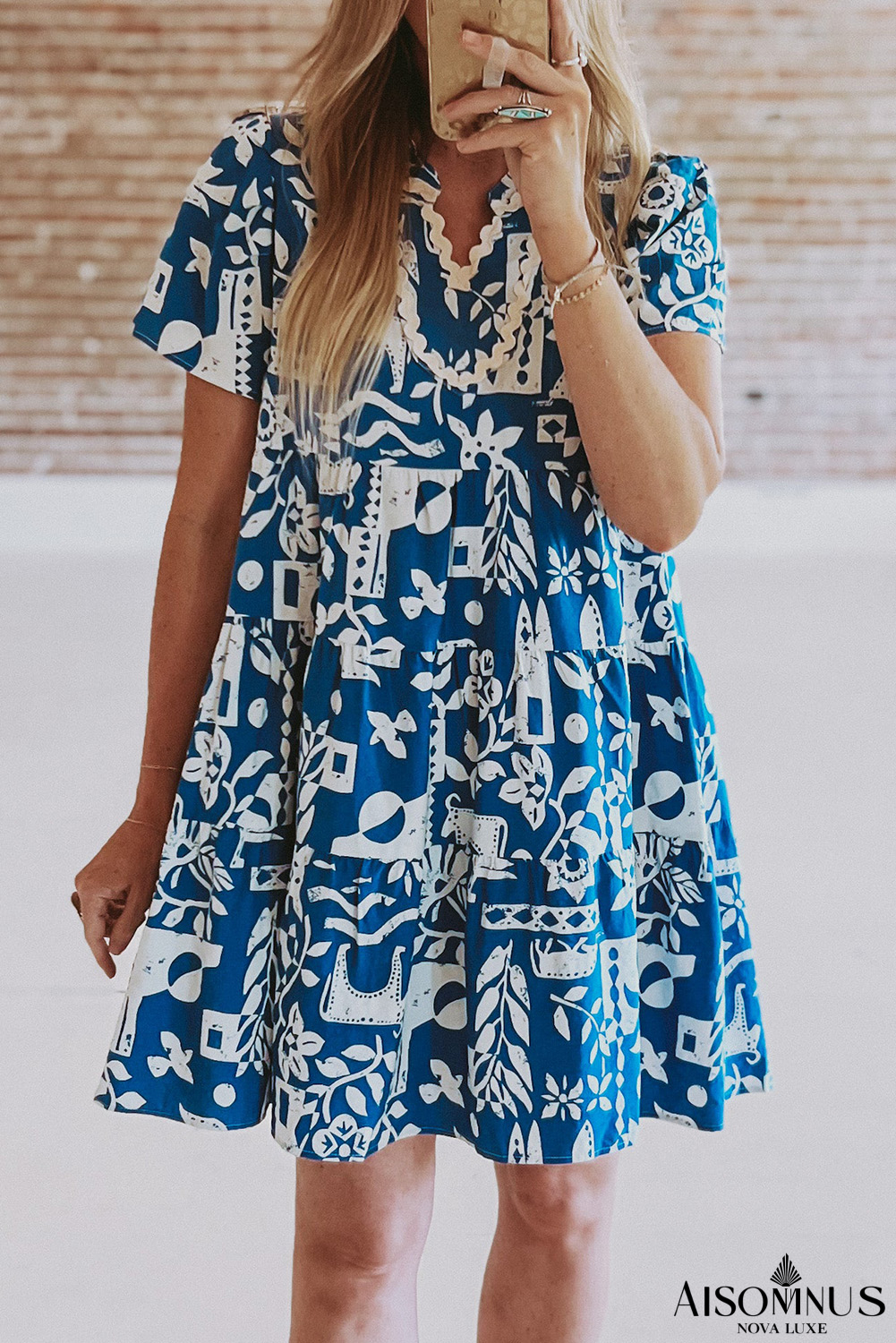 Blue Split V Neck Ricrac Babydoll Flared Mini Dress