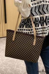 Dark Brown Geometric PU Leather Tote Bag