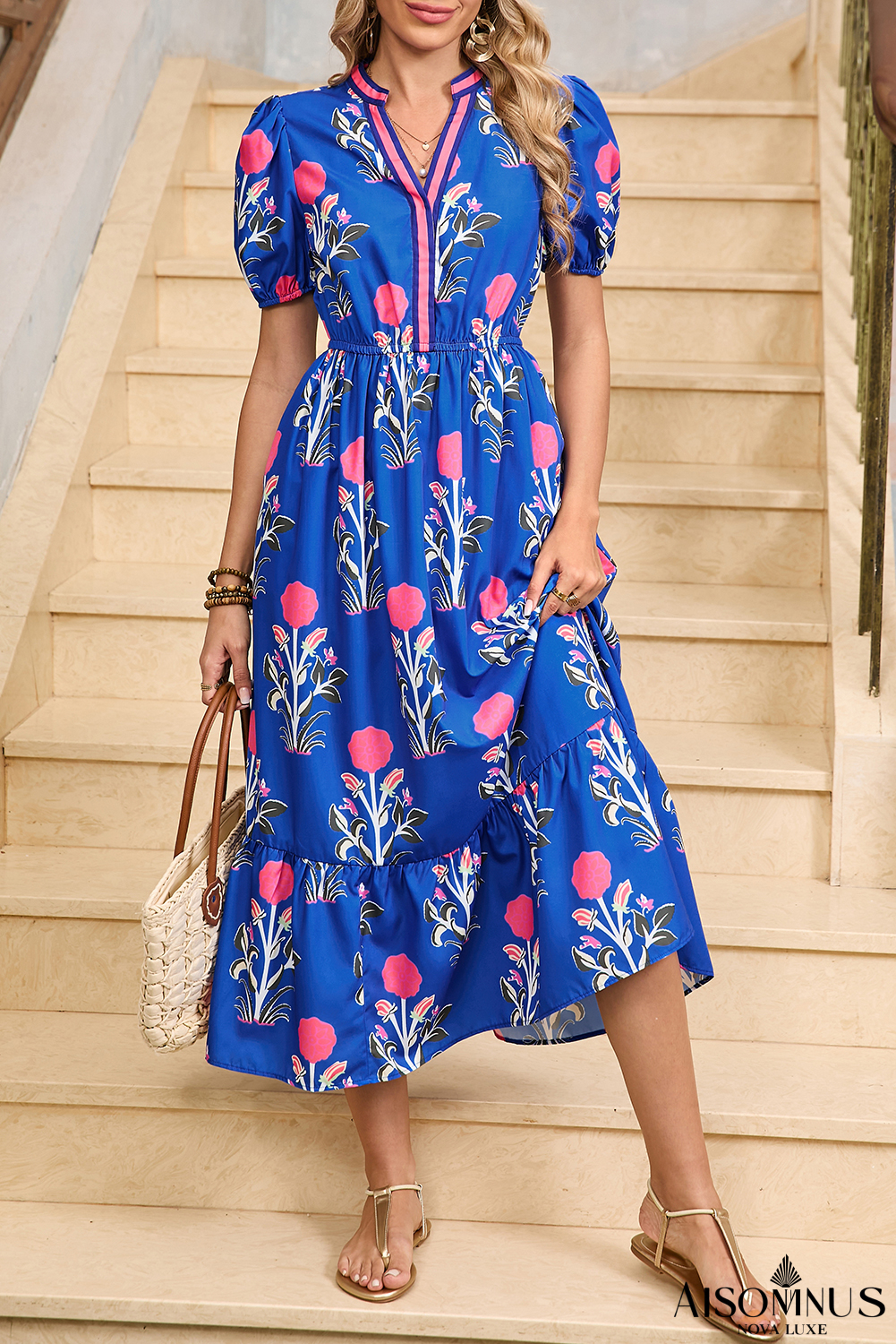 Sky Blue Floral Ruffle Hem Pop of Color Neckline Dress