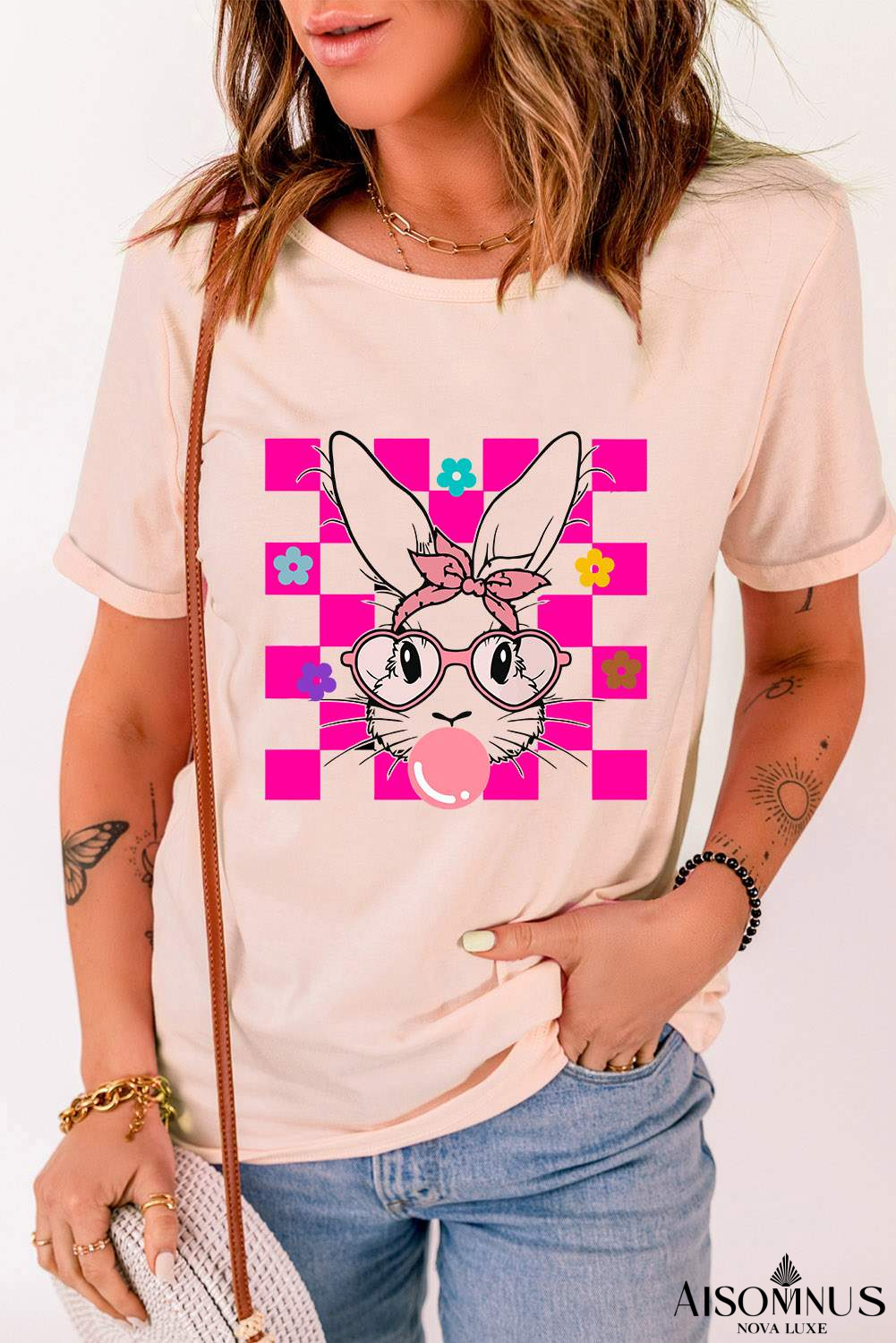 Pink Easter Rabbit Checkered Flower Graphic O Neck T Shirt