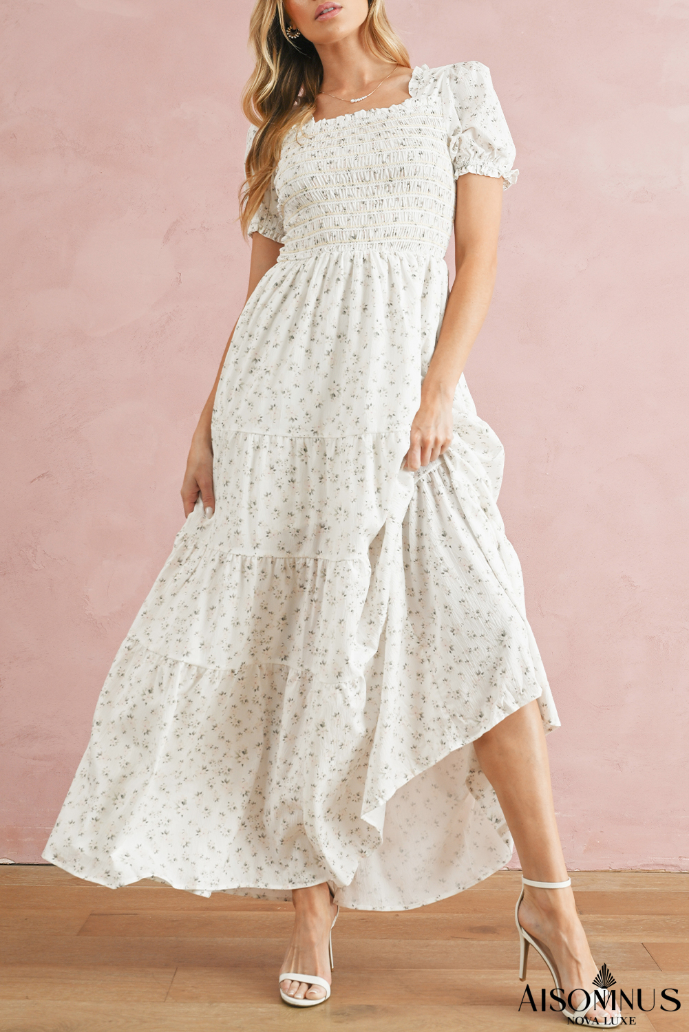 White Frill Neckline Shirred Bodice Floral Maxi Dress