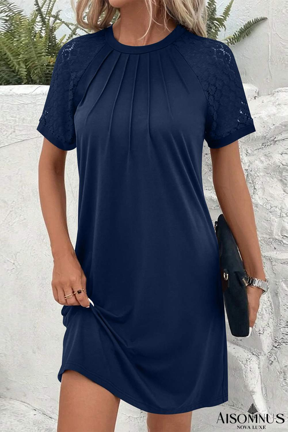 Navy Blue Contrast Lace Raglan Sleeve Pleated Mini Dress