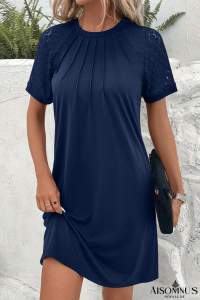Navy Blue Contrast Lace Raglan Sleeve Pleated Mini Dress