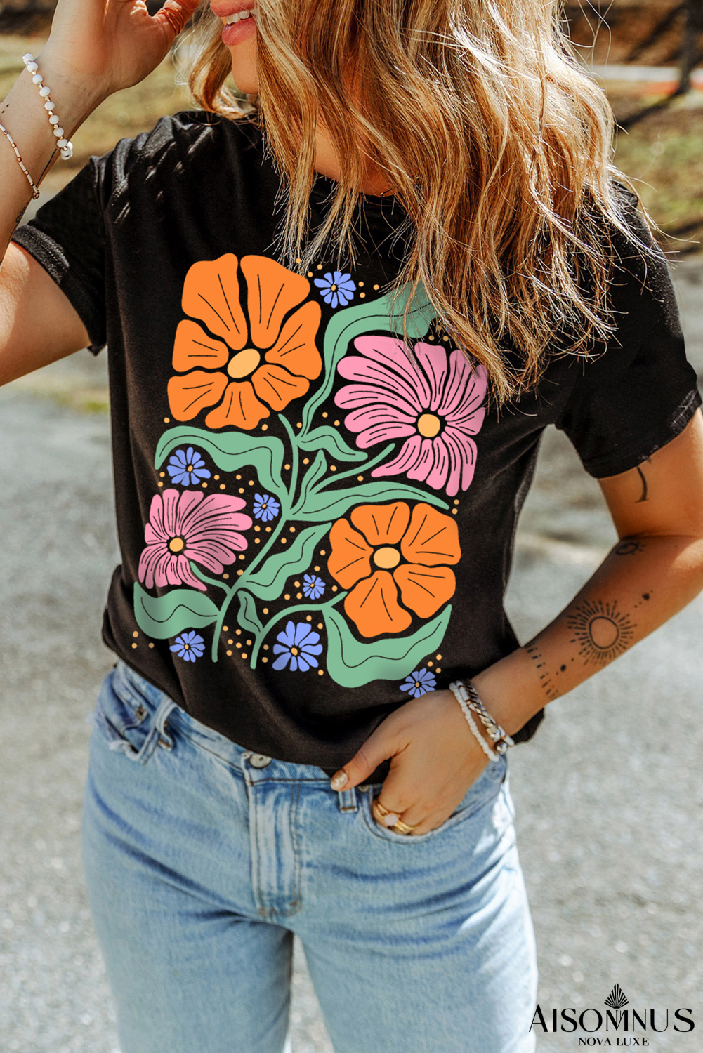 Black Floal Graphic Crewneck Tee