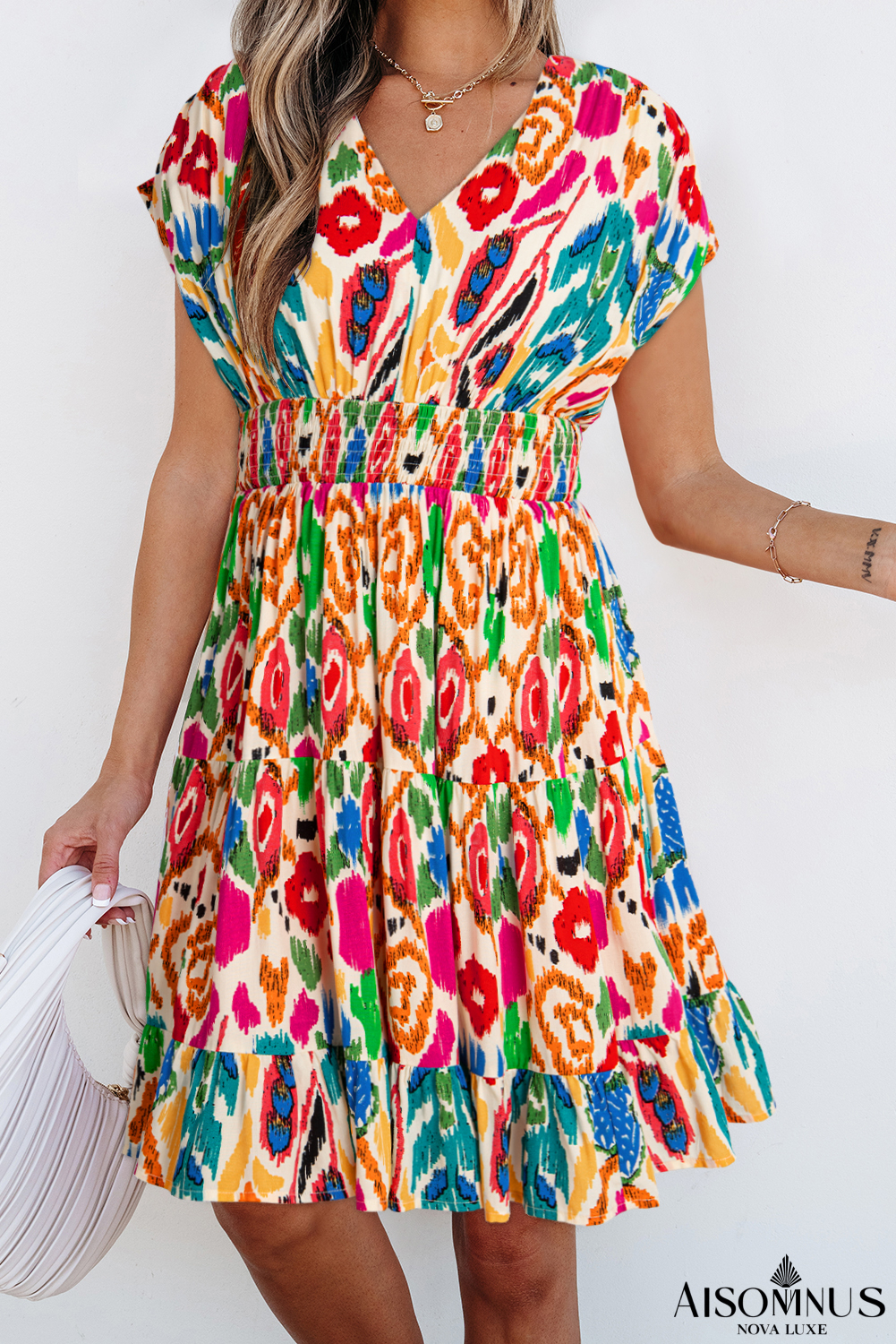 Sky Blue Abstract Print V Neck Dolman Sleeve Ruffle Tiered Mini Dress