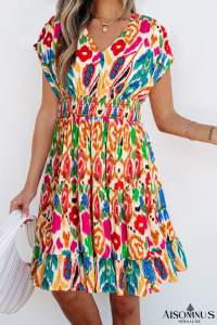 Sky Blue Abstract Print V Neck Dolman Sleeve Ruffle Tiered Mini Dress