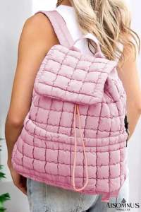Pink Solid Flapped Quilted Puffer Backpack
