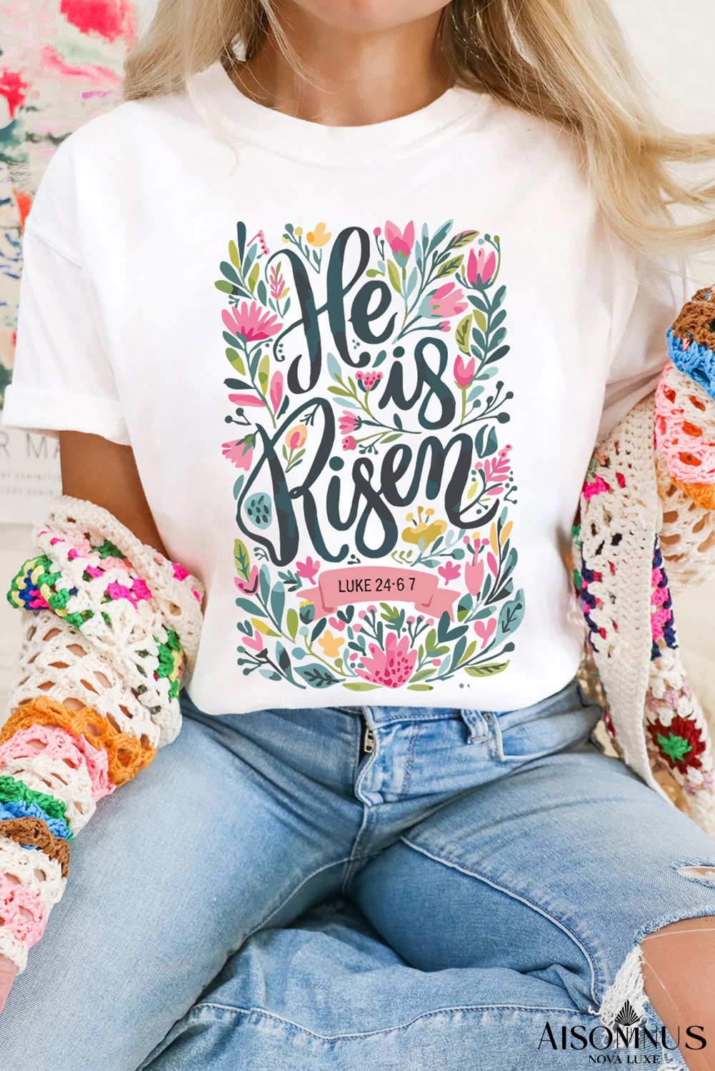 White He is Risen Floral Print Graphic T Shirt