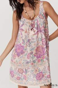 Multicolour Boho Floral Tassel Tie U Neck Mini Dress