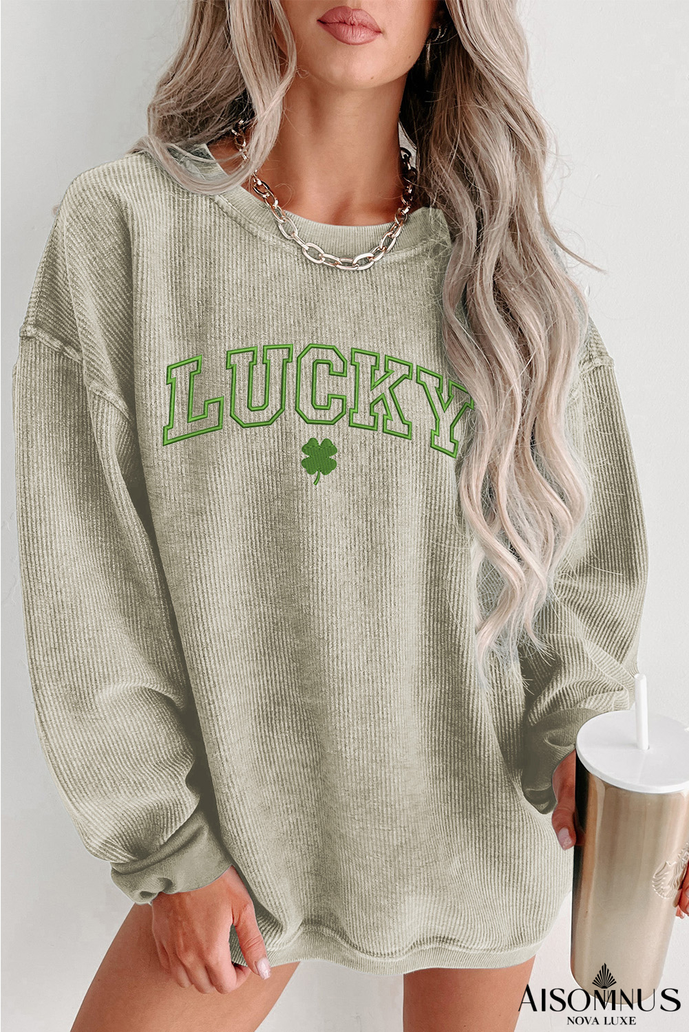 Green LUCKY Clover Graphic Corded Crewneck Sweatshirt