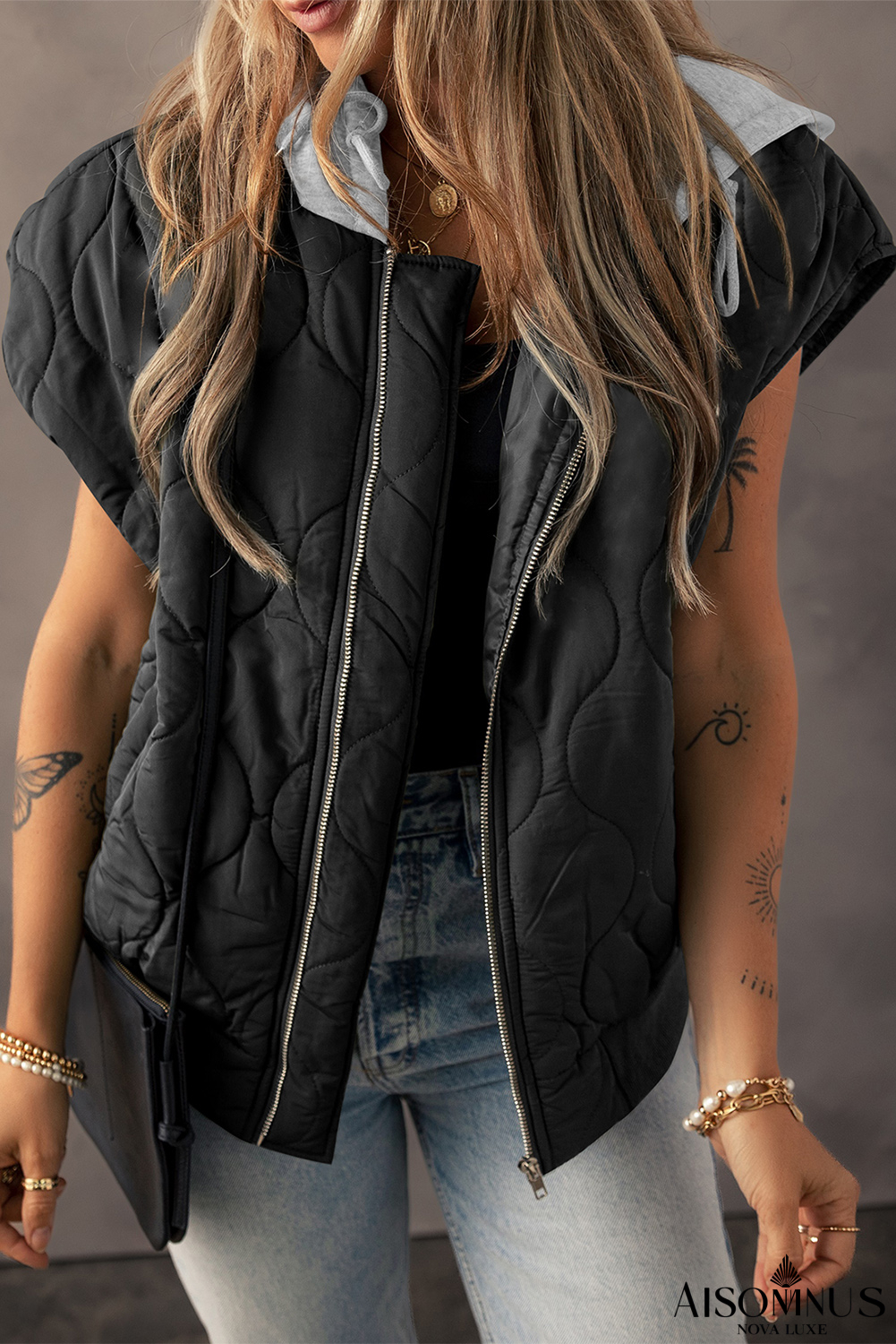 Black Quilted Drawstring Hooded Zip Up Puffer Vest