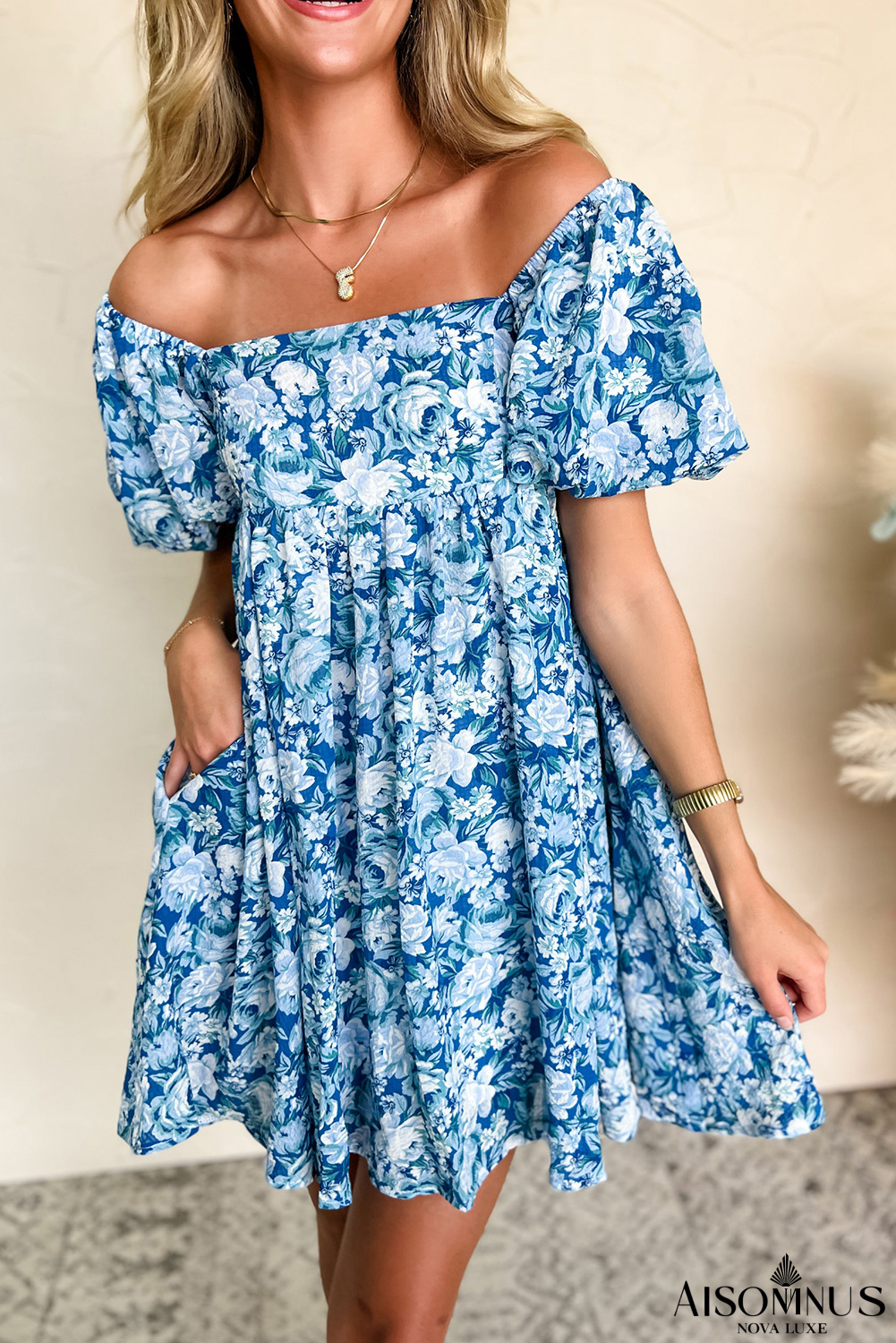 Blue Floral Puff Sleeve Babydoll Mini Dress