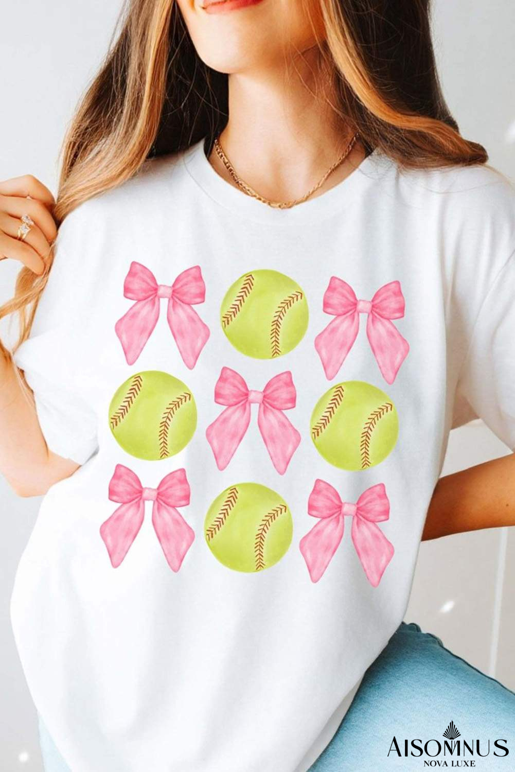 White Casual Bow Tie Baseball Graphic Round Neck Tee