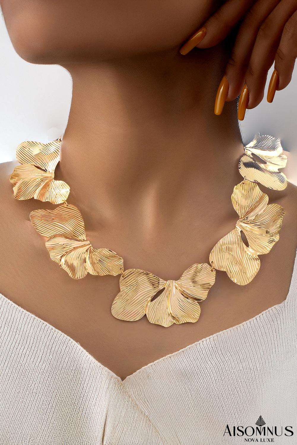 Gold Irregular Chunky Pleated Flower Petal Necklace