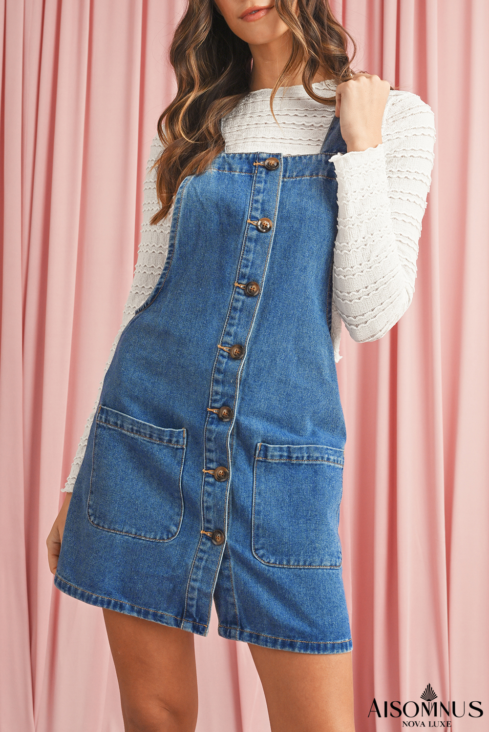 Dusk Blue Wide Strap Button Front Pocketed Denim Short Dress