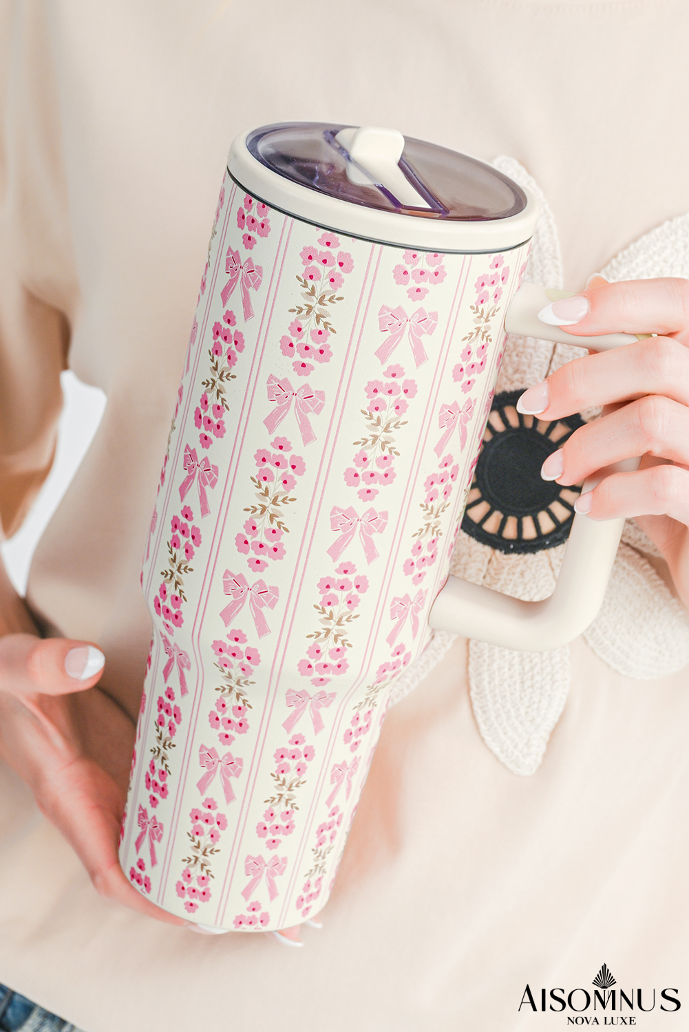 White Bow and Flower Striped 40oz Tumbler Cup