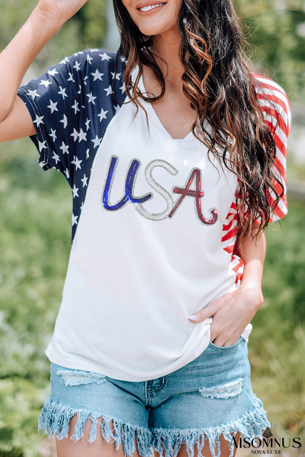 White USA Flag Print V Neck Casual T Shirt