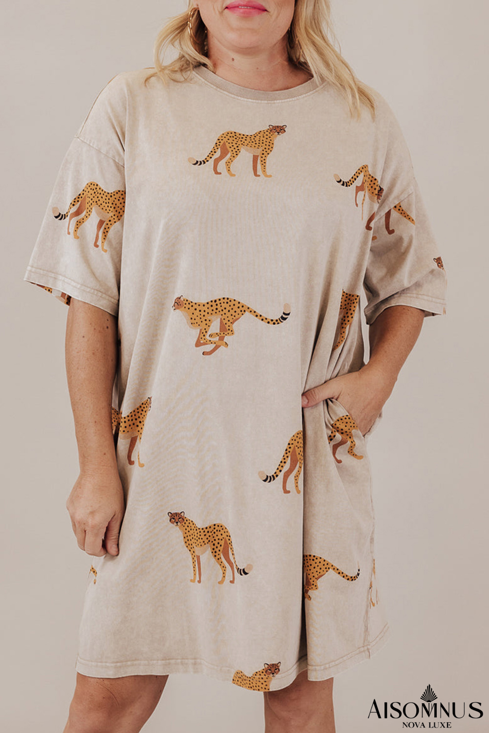 Apricot Plus Size Cheetah Print Side Pockets T Shirt Mini Dress