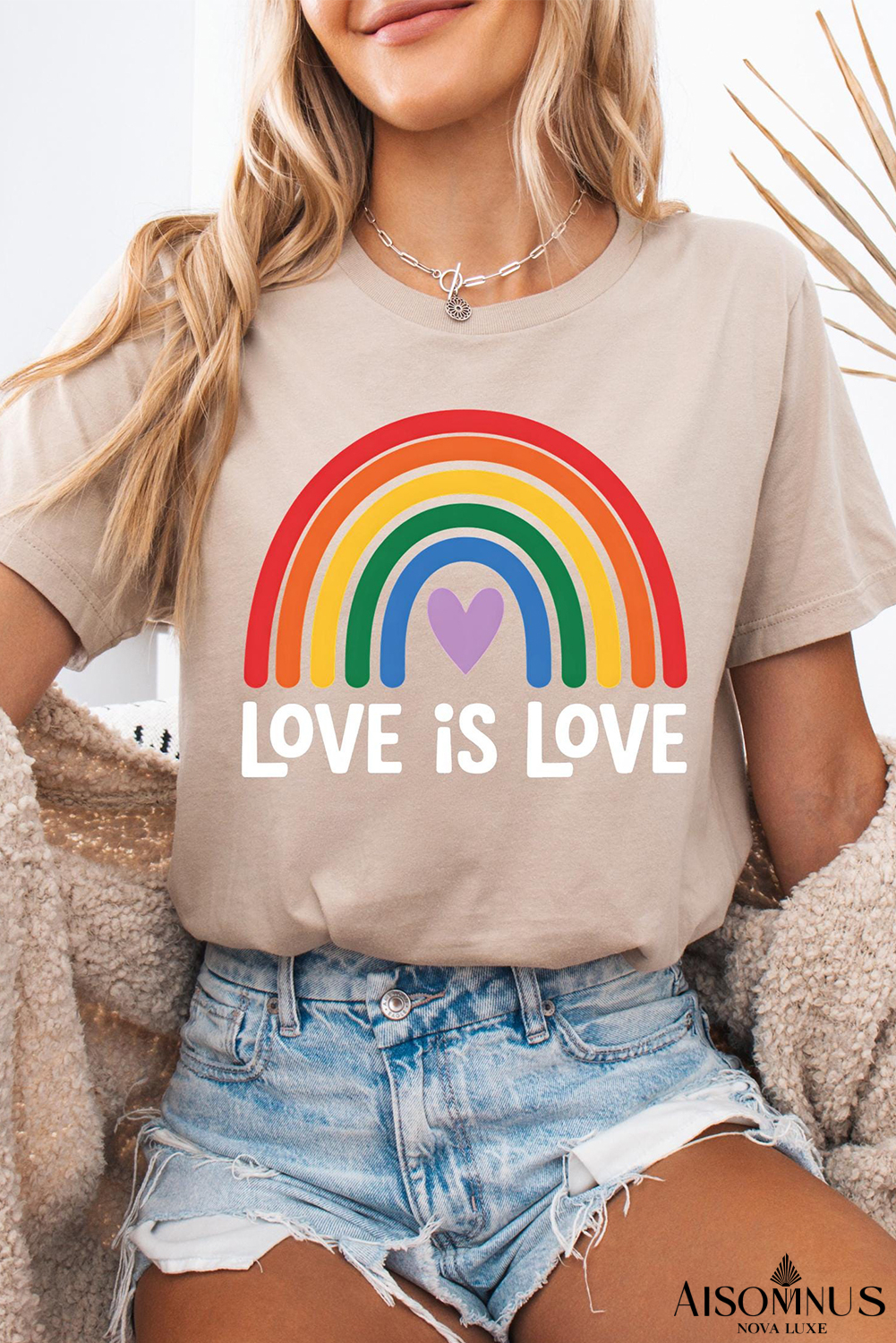 Khaki Love is Love Rainbow Heart Print Graphic T Shirt