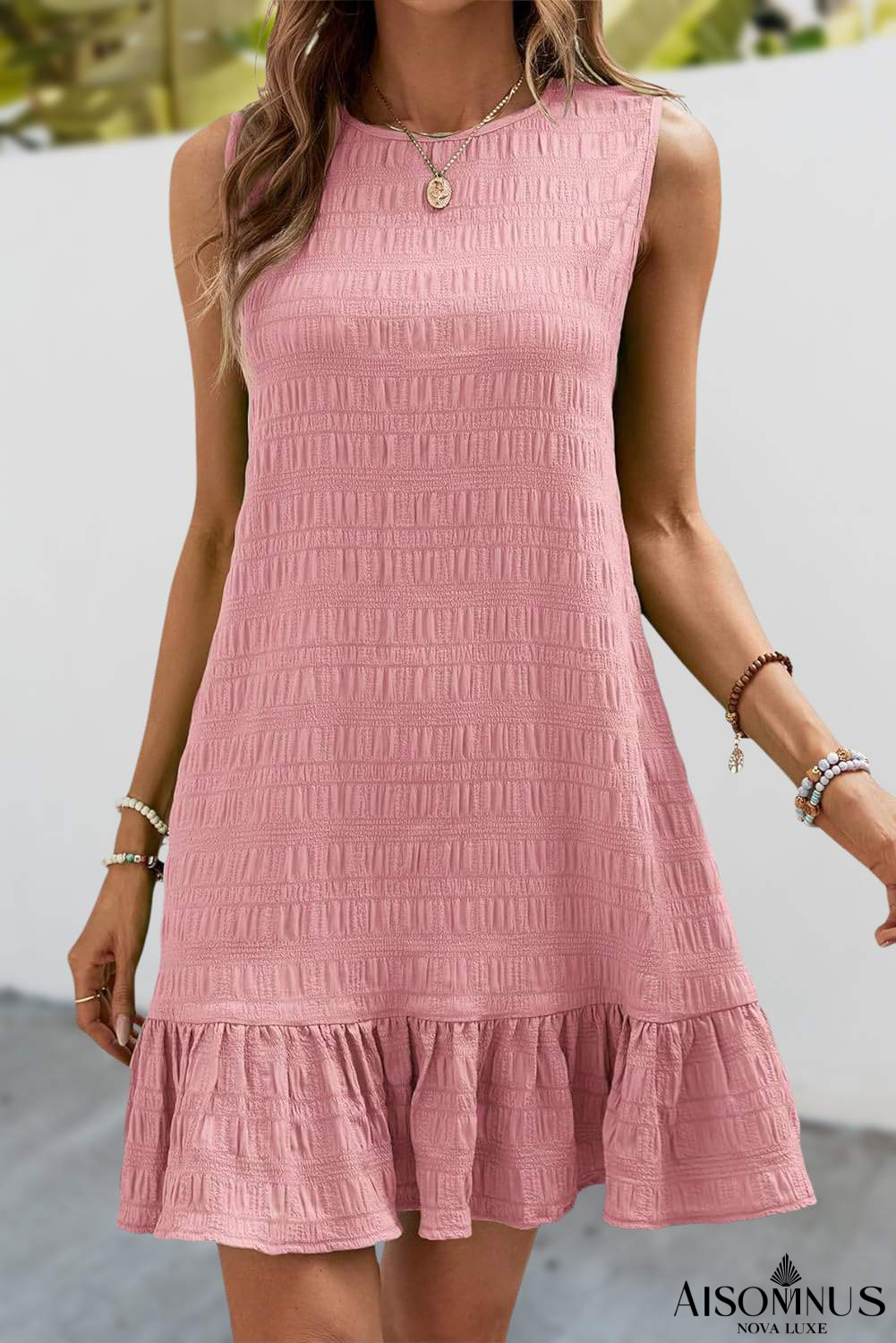 Pink Textured Ruffle Hem Sleeveless Round Neck Dress