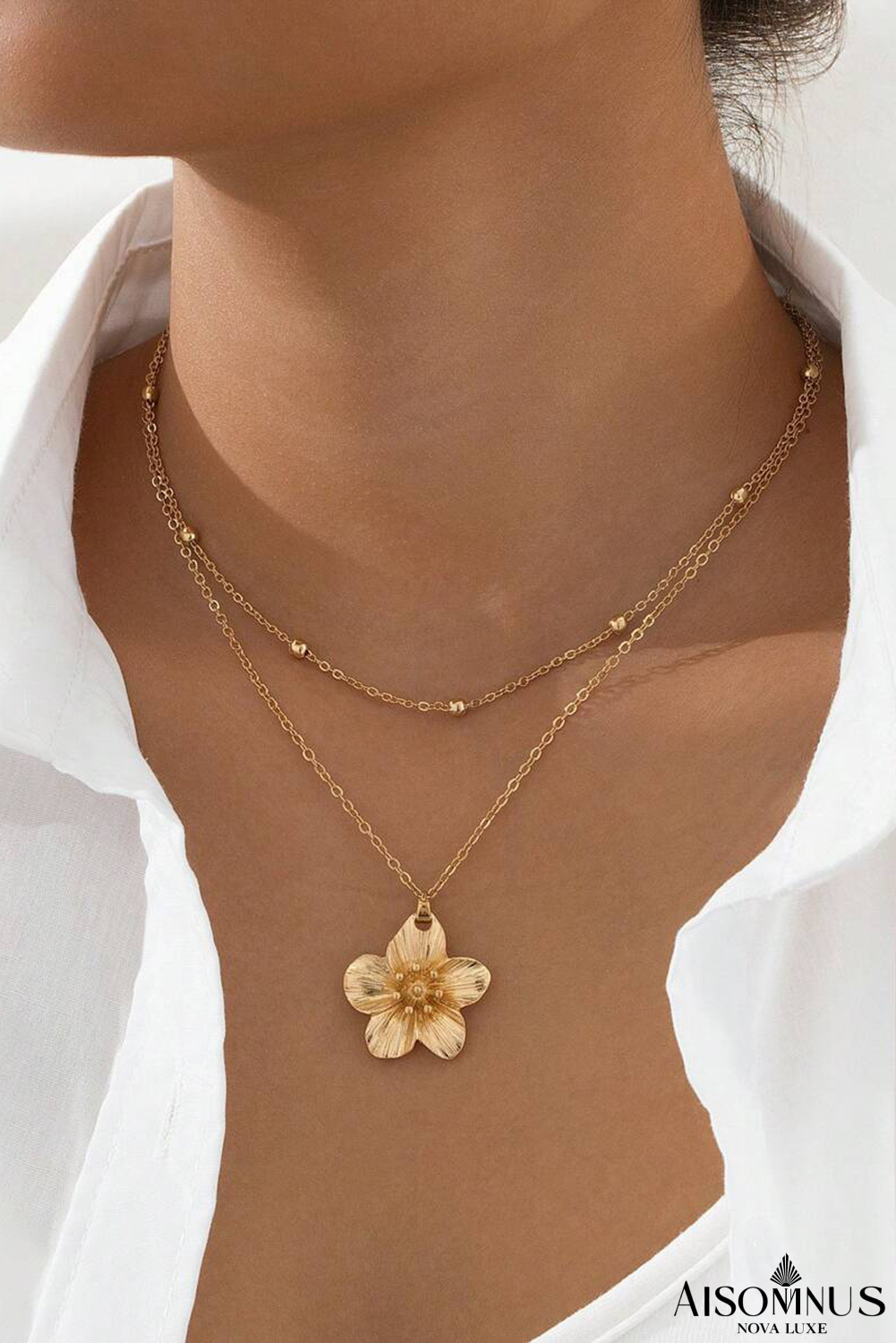 Gold Double Layered Flower Pendant Chain Necklace