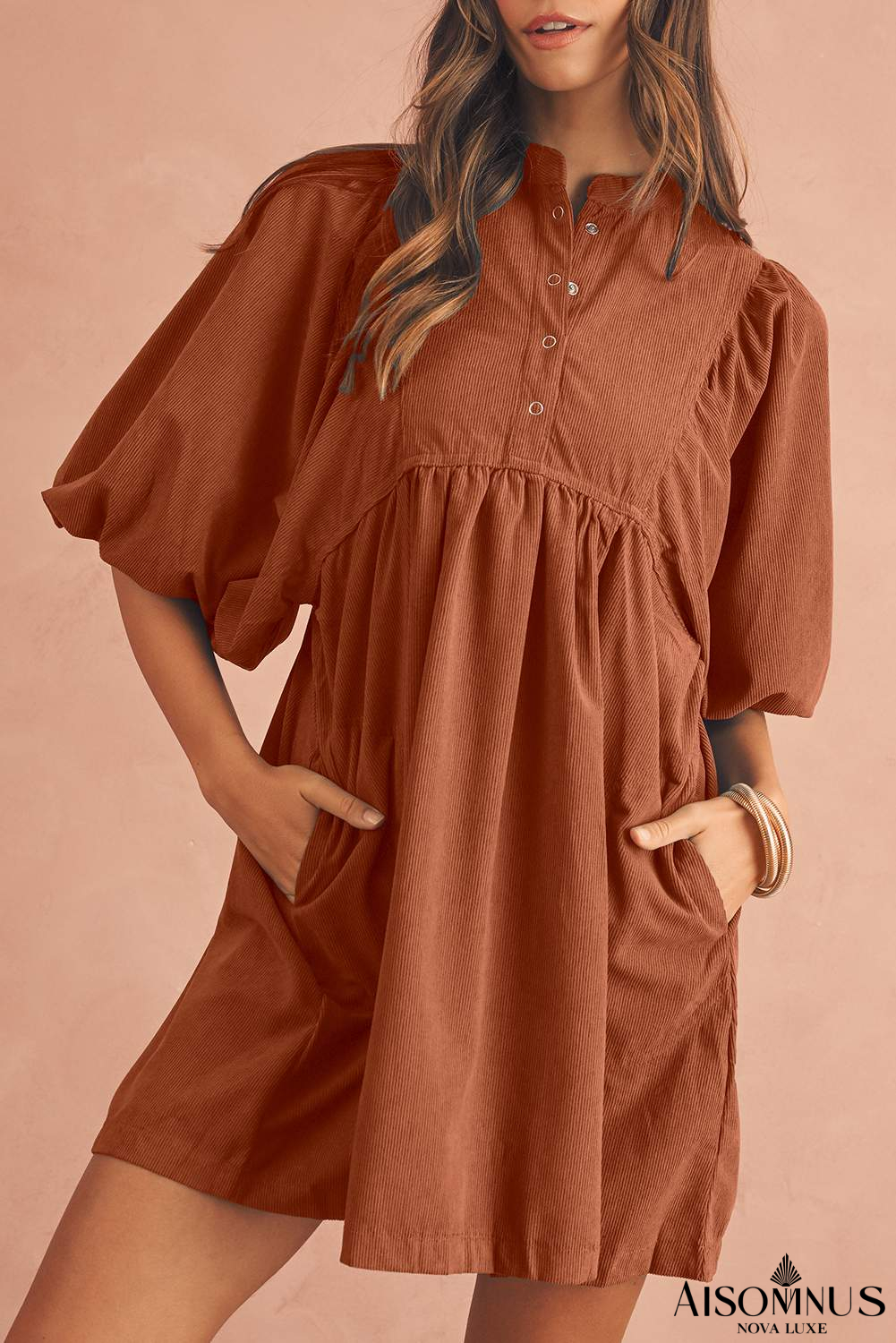 Gold Flame Light Snap Button Empire Waist Lantern Sleeve Corduroy Dress