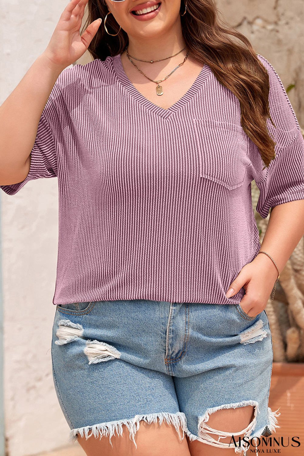 Valerian Twist Corded V-Neck Plain Plus T-Shirt