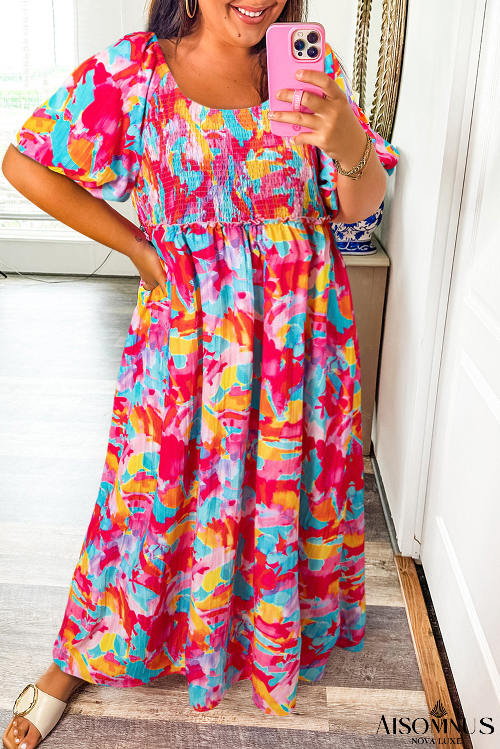 Rose Abstract Print Puff Sleeve Backless Smocked Plus Size Dress