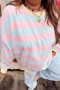 Sky Blue Stripe Colorblock Plus Size Sweatshirt