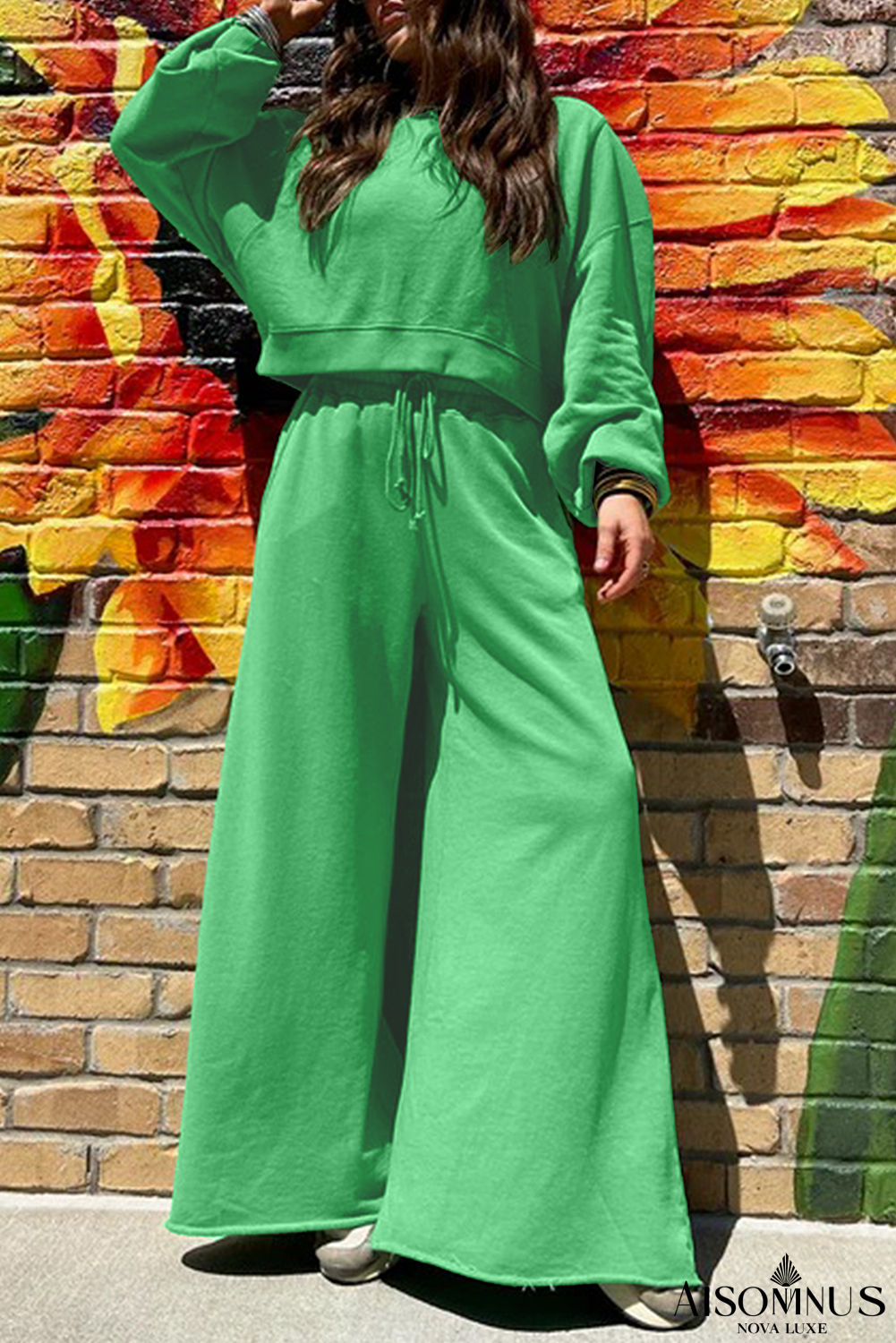 Bright Green Drop Shoulder Crop Pullover Drawstring Wide Leg Pants Set