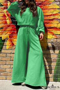 Bright Green Drop Shoulder Crop Pullover Drawstring Wide Leg Pants Set