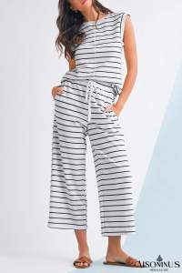Black Casual Striped Tee and Wide Leg Pants Set