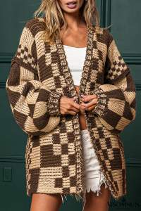 Dark Brown Colorblock Checked Loose Fit Open Front Knitted Cardigan