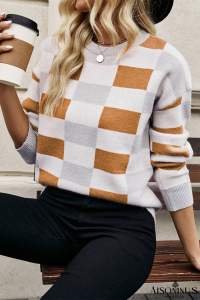 Khaki Checkered Crew Neck Drop Shoulder Knit Sweater